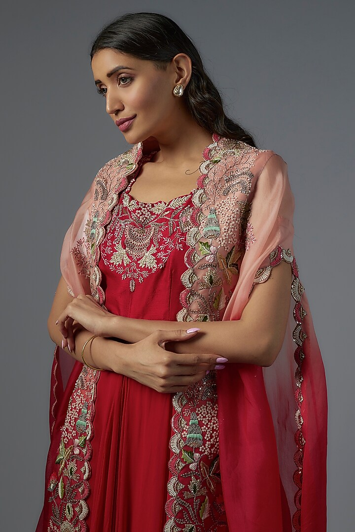 Red Organza & Georgette Engagement Gown with Cape by Ojasvini at Pernia's Pop Up Shop