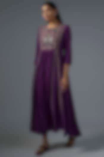 Purple Chiffon Embroidered Dress by Ojasvini