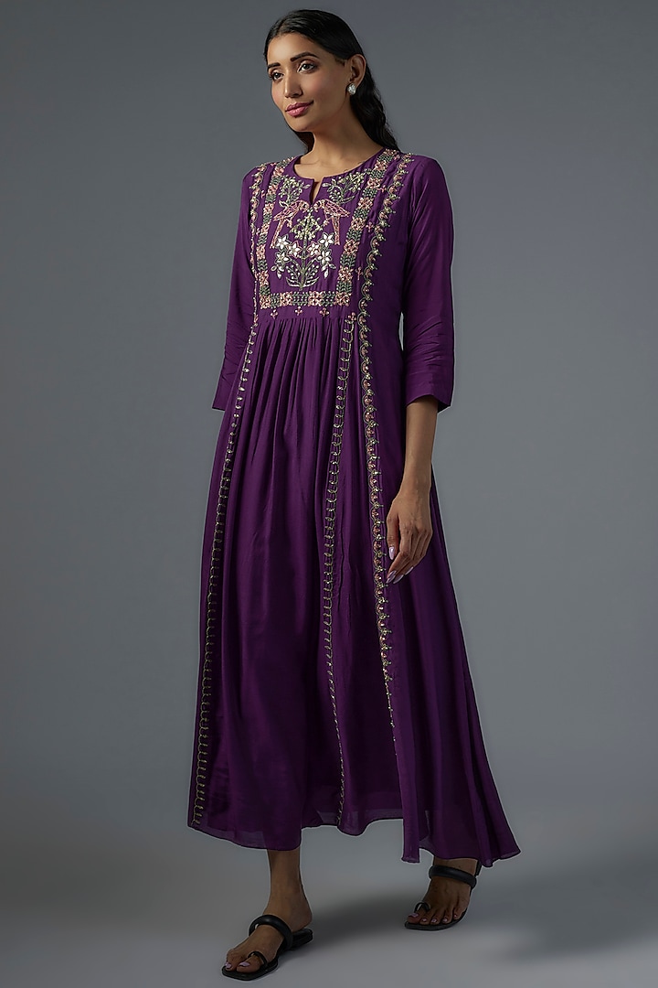 Purple Chiffon Embroidered Dress by Ojasvini
