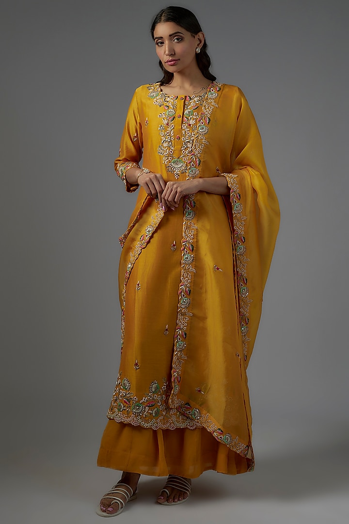 Orange Organza Silk & Chanderi Embroidered Kurta Set by Ojasvini