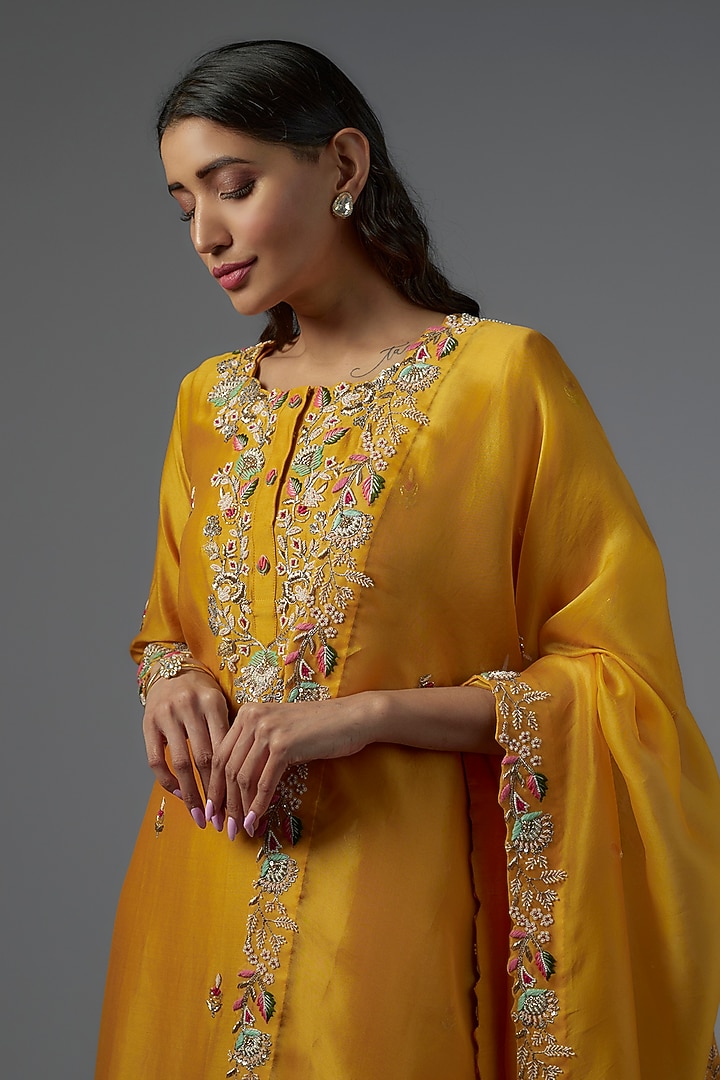 Orange Organza Silk & Chanderi Embroidered Kurta Set by Ojasvini at Pernia's Pop Up Shop