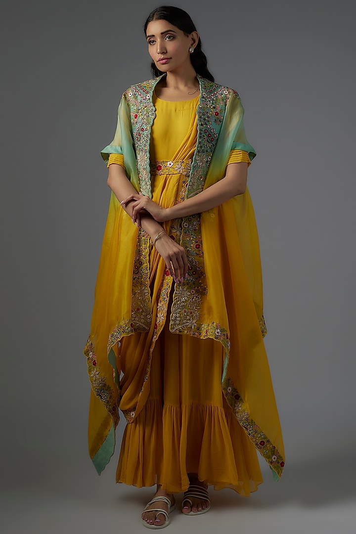 Yellow Organza & Chanderi Gown with Cape by Ojasvini at Pernia's Pop Up Shop