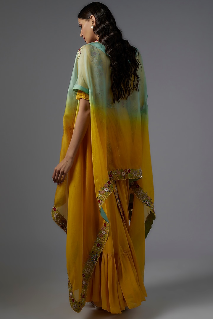 Yellow Organza & Chanderi Engagement Gown with Cape by Ojasvini at Pernia's Pop Up Shop
