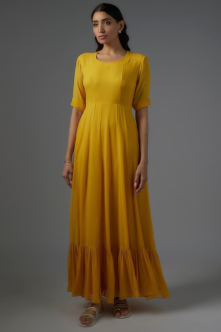 Yellow Organza & Chanderi Engagement Gown with Cape by Ojasvini at Pernia's Pop Up Shop