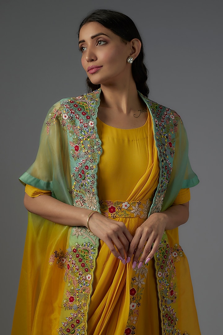 Yellow Organza & Chanderi Engagement Gown with Cape by Ojasvini at Pernia's Pop Up Shop