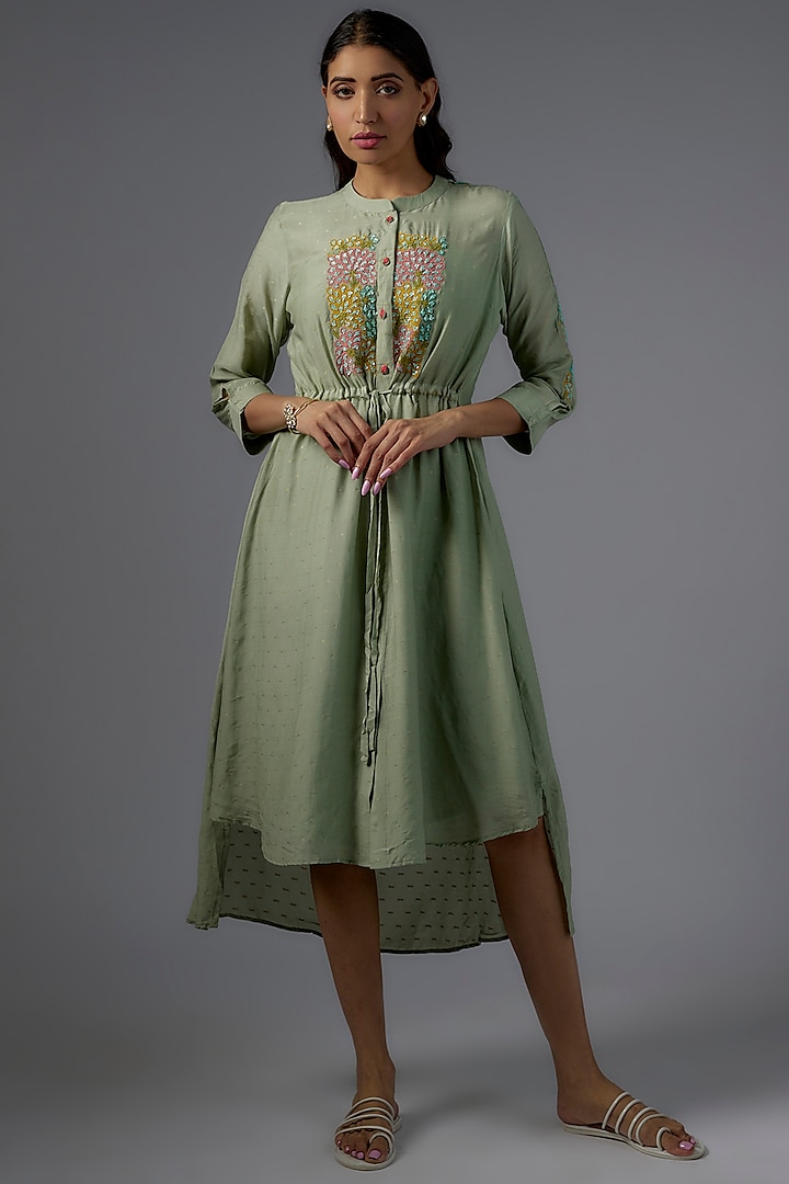 Green Cotton Embroidered Midi Dress by Ojasvini