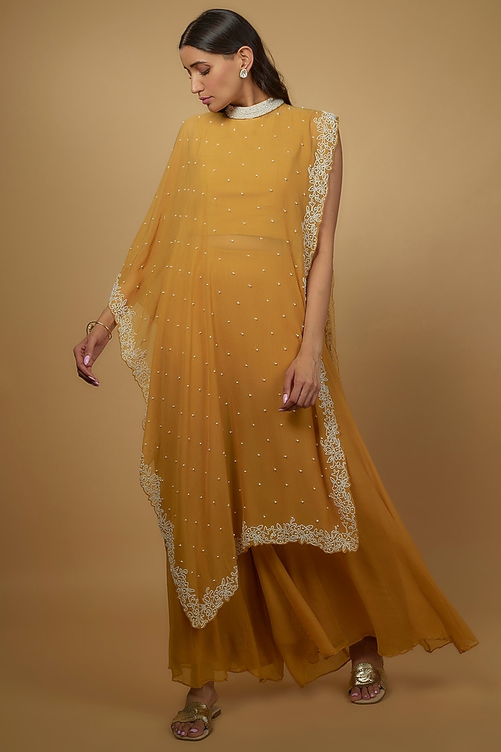 Yellow Chiffon Embroidered Cape Set by Ojasvini at Pernia's Pop Up Shop