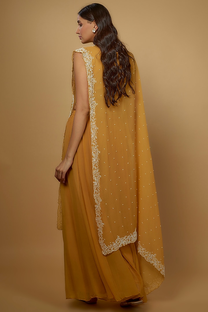 Yellow Chiffon Embroidered Cape Set by Ojasvini at Pernia's Pop Up Shop