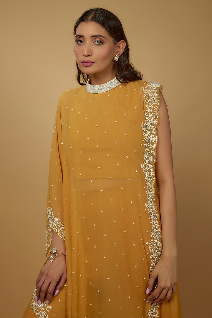 Yellow Chiffon Embroidered Cape Set by Ojasvini at Pernia's Pop Up Shop