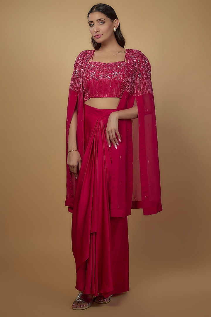 Red Viscose Organza Satin Embroidered Cape Set by Ojasvini at Pernia's Pop Up Shop