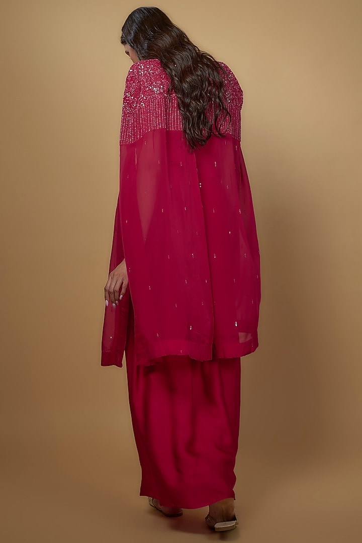 Red Viscose Organza Satin Embroidered Cape Set by Ojasvini at Pernia's Pop Up Shop