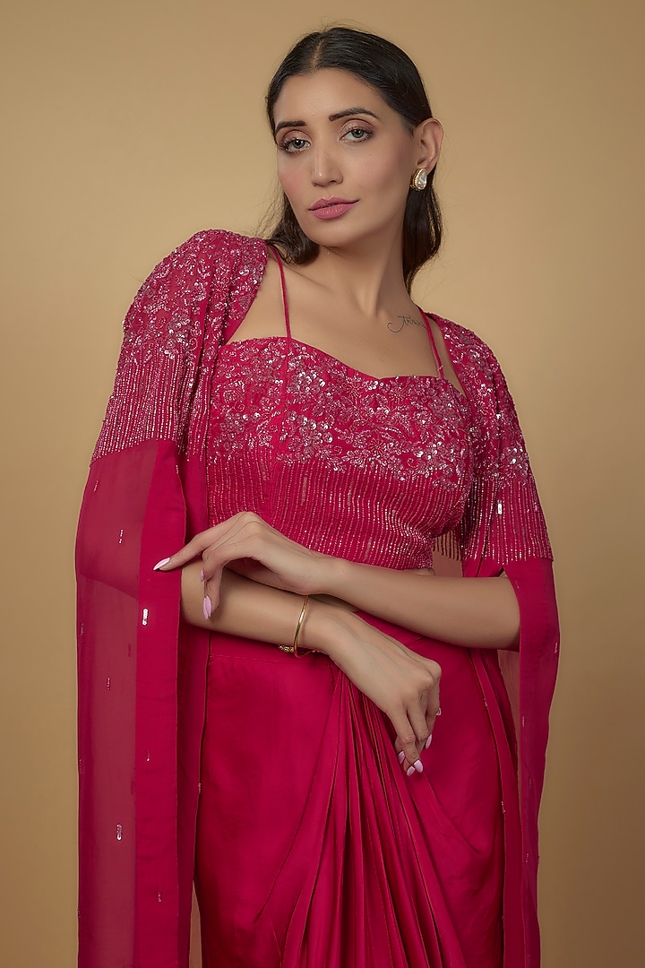 Red Viscose Organza Satin Embroidered Cape Set by Ojasvini at Pernia's Pop Up Shop