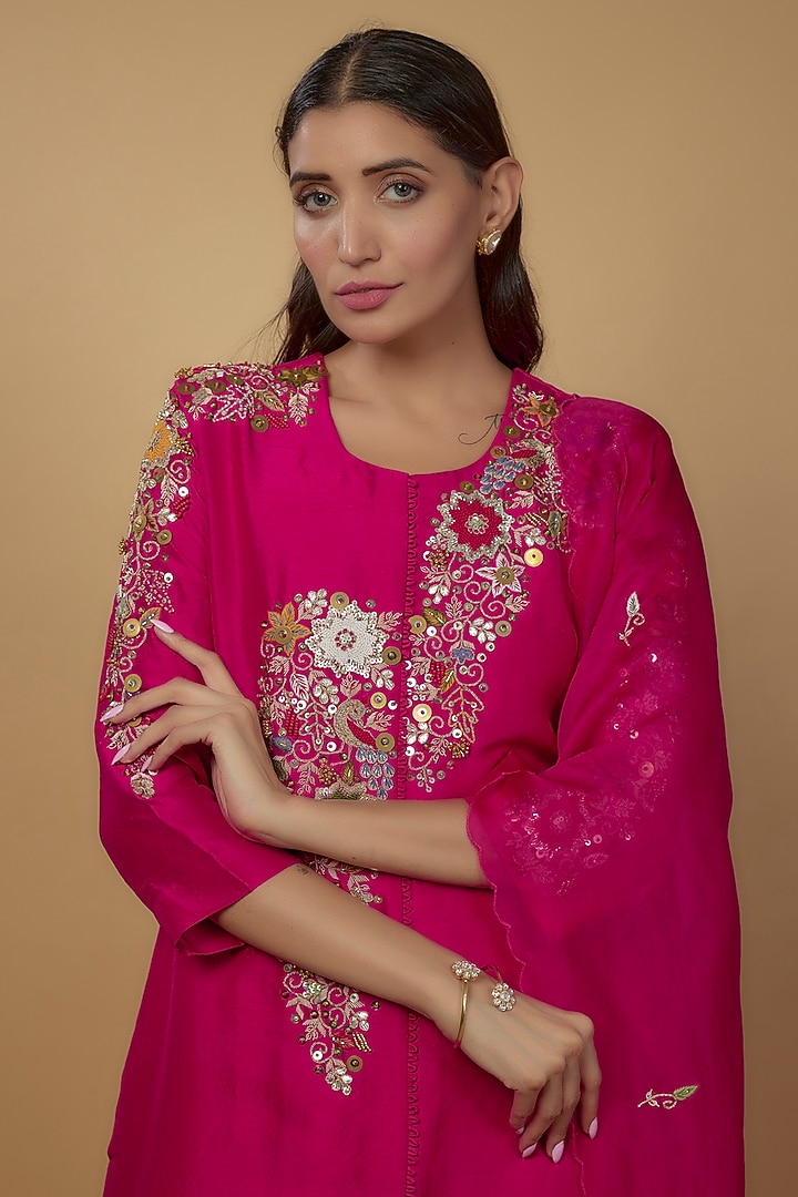 Pink Organza Chanderi Cotton Satin Embroidered Kurta Set by Ojasvini at Pernia's Pop Up Shop