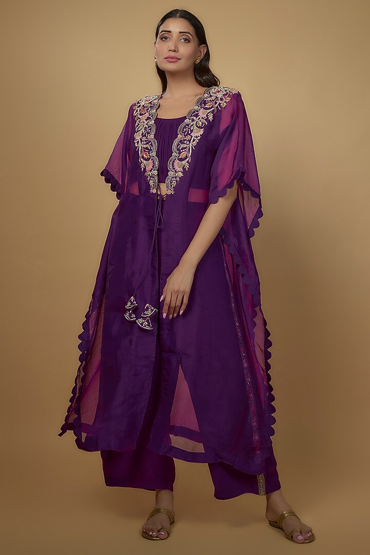 Purple Organza Embroidered Cape Set by Ojasvini at Pernia's Pop Up Shop