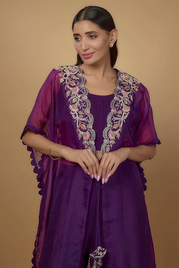 Purple Organza Embroidered Cape Set by Ojasvini at Pernia's Pop Up Shop
