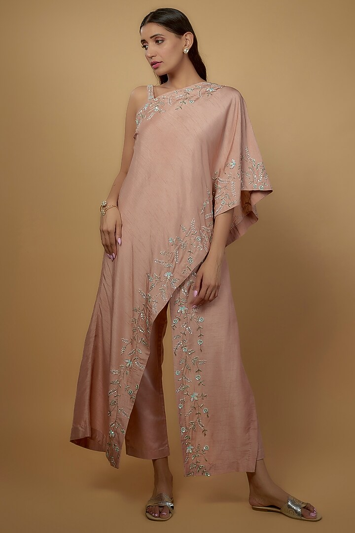 Pink Silk & Mushroom Satin Embroidered One-Shoulder Cape Set by Ojasvini at Pernia's Pop Up Shop