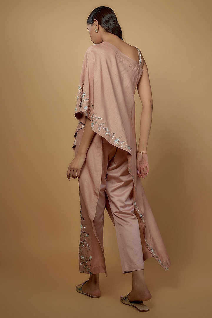Pink Silk & Mushroom Satin Embroidered One-Shoulder Cape Set by Ojasvini at Pernia's Pop Up Shop