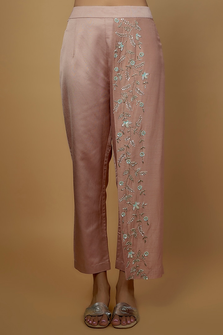 Pink Silk & Mushroom Satin Embroidered One-Shoulder Cape Set by Ojasvini at Pernia's Pop Up Shop