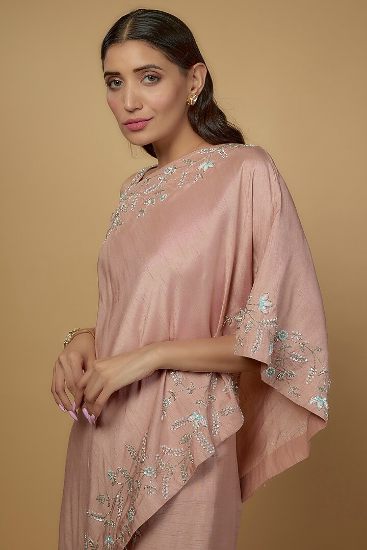 Pink Silk & Mushroom Satin Embroidered One-Shoulder Cape Set by Ojasvini at Pernia's Pop Up Shop