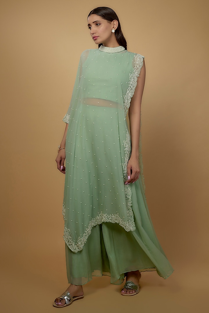 Green Chiffon Embroidered Cape Set by Ojasvini at Pernia's Pop Up Shop
