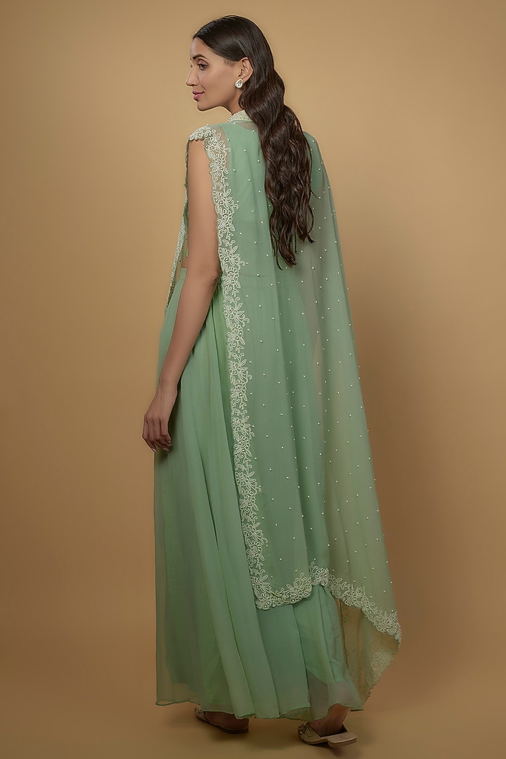Green Chiffon Embroidered Cape Set by Ojasvini at Pernia's Pop Up Shop