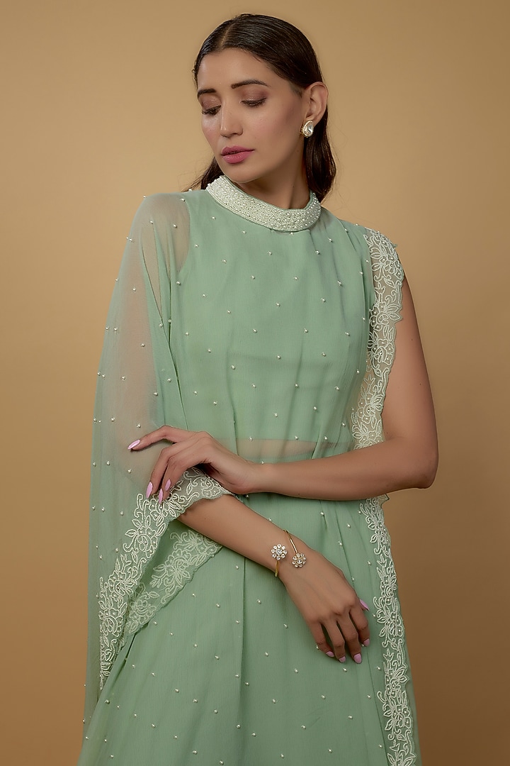 Green Chiffon Embroidered Cape Set by Ojasvini at Pernia's Pop Up Shop