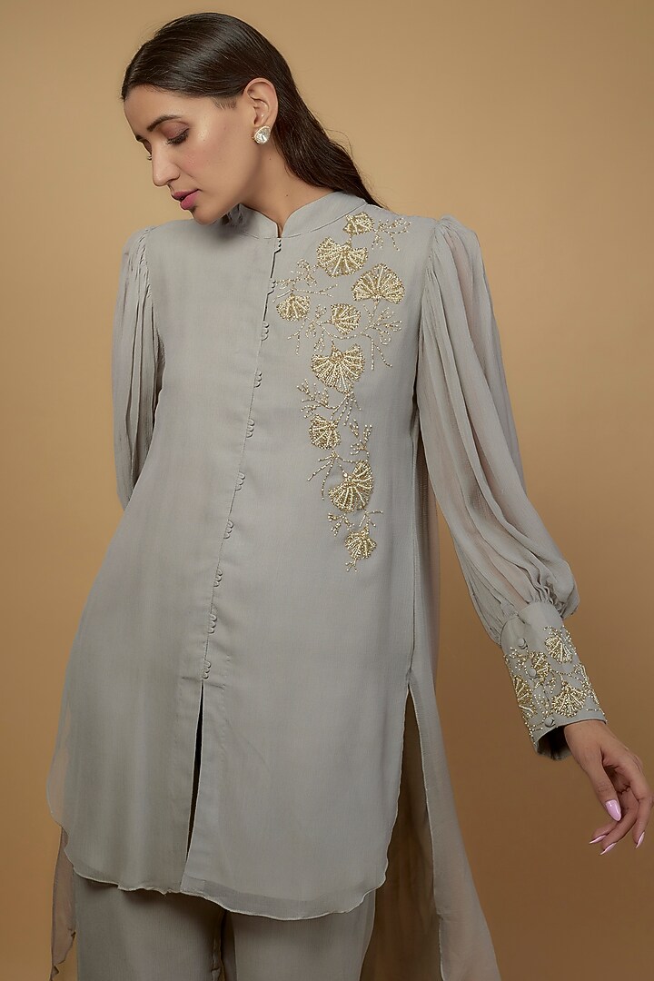 Grey Chiffon Co-Ord Set by Ojasvini at Pernia's Pop Up Shop