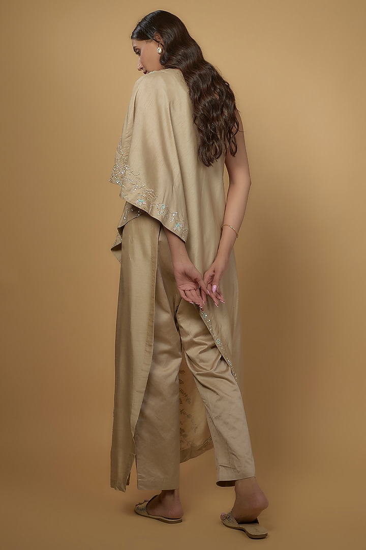Beige Silk & Mushroom Satin Embroidered One-Shoulder Cape Set by Ojasvini at Pernia's Pop Up Shop