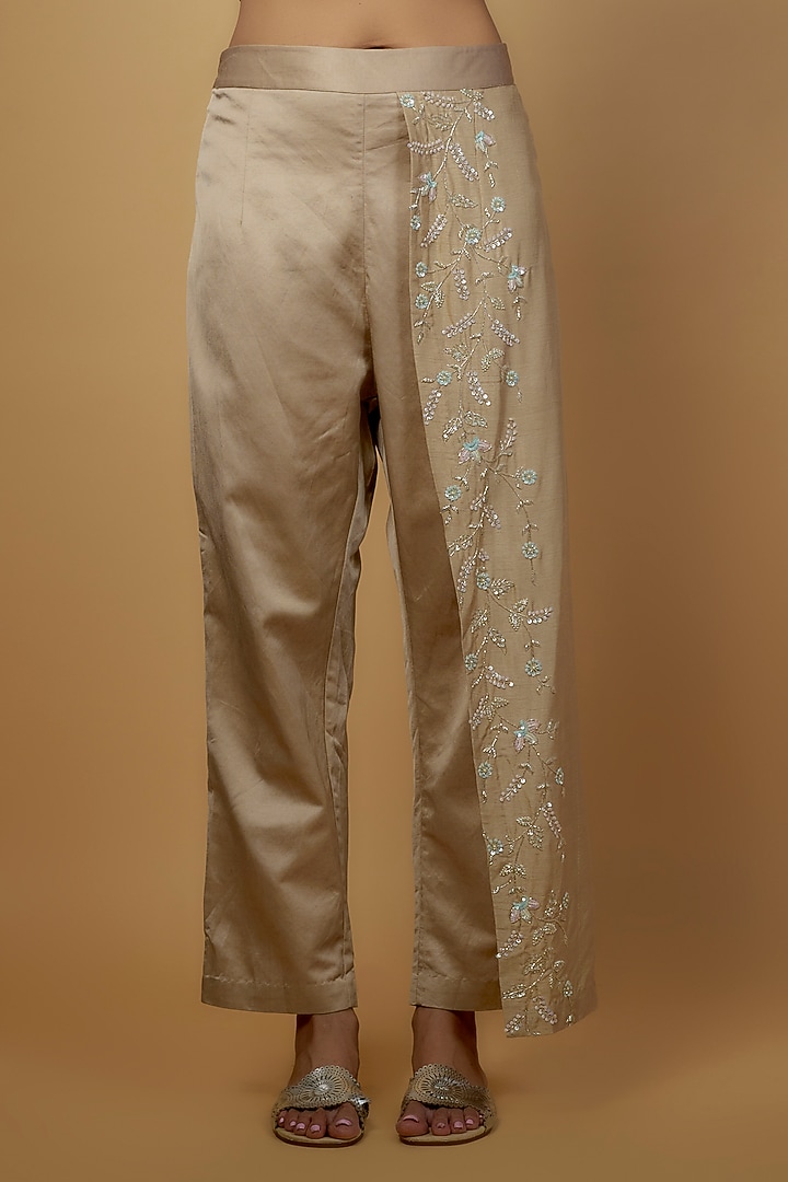 Beige Silk & Mushroom Satin Embroidered One-Shoulder Cape Set by Ojasvini at Pernia's Pop Up Shop