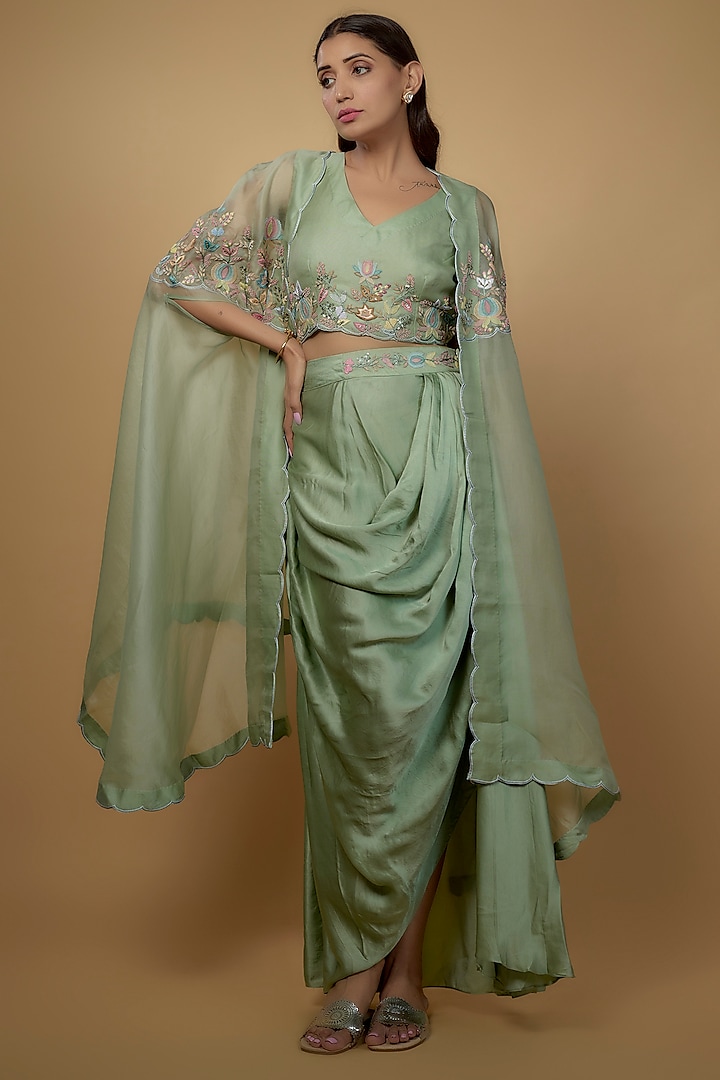 Green Organza Satin Embroidered Cape Set by Ojasvini at Pernia's Pop Up Shop