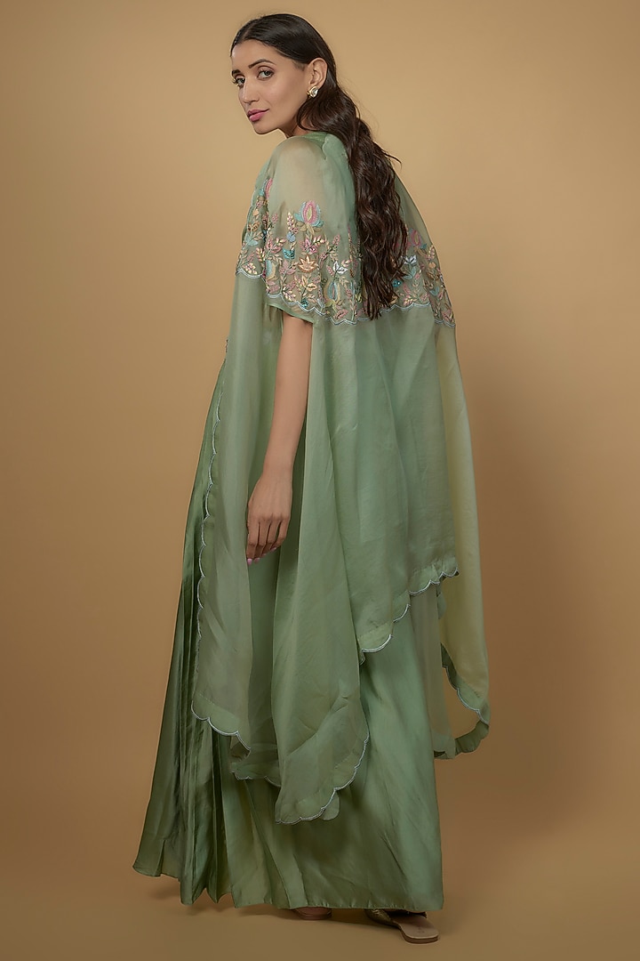 Green Organza Satin Embroidered Cape Set by Ojasvini at Pernia's Pop Up Shop