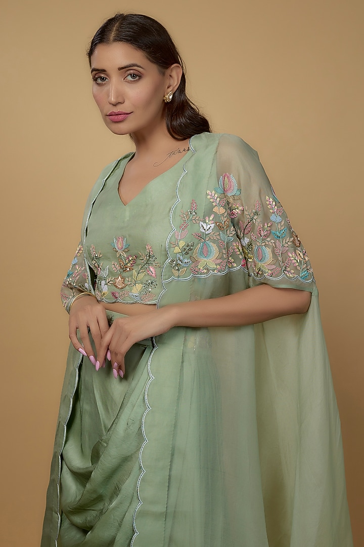 Green Organza Satin Embroidered Cape Set by Ojasvini at Pernia's Pop Up Shop