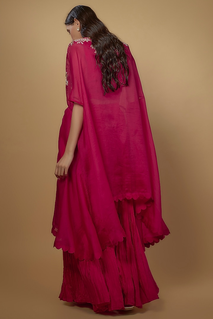 Red Organza & Natural Crepe Embroidered Cape Set by Ojasvini at Pernia's Pop Up Shop