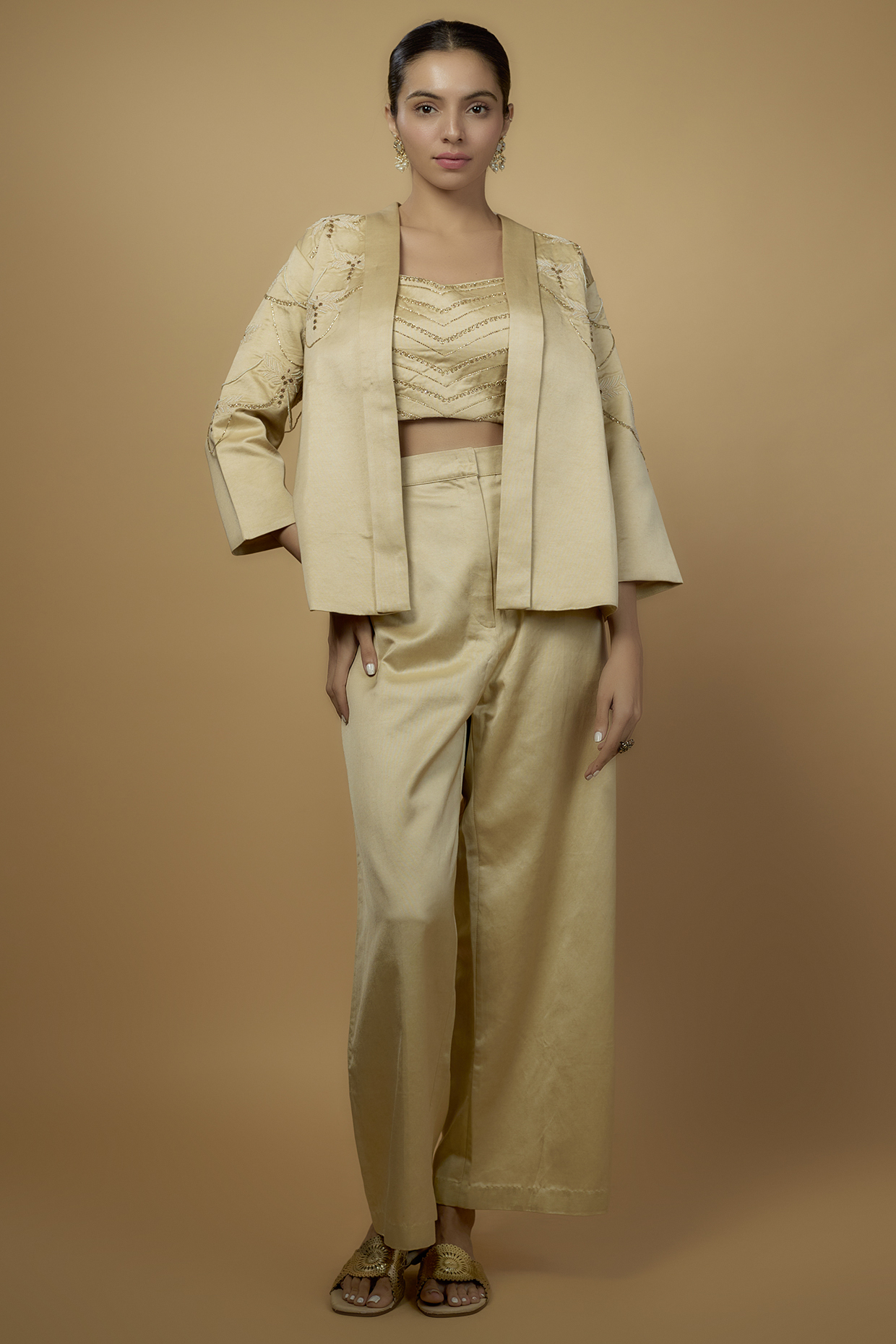 Beige Mushroom Satin Embroidered Jacket Set by Ojasvini at Pernia's Pop Up Shop