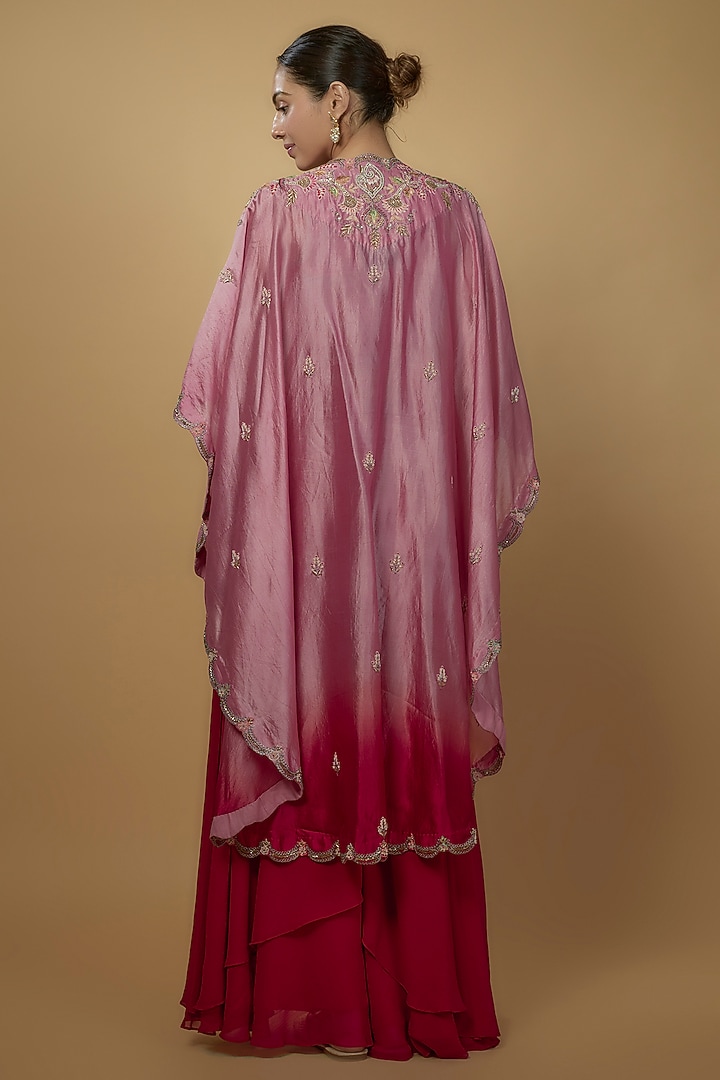 Pink Chinese Dupion Georgette Embroidered Cape set by Ojasvini at Pernia's Pop Up Shop