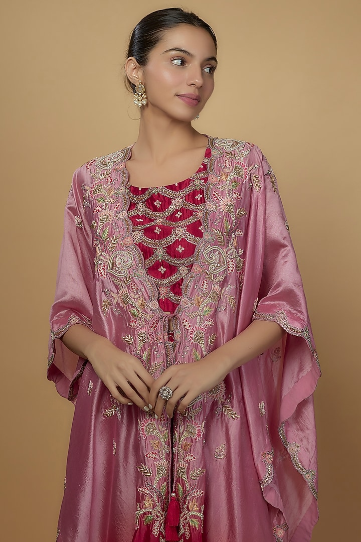 Pink Chinese Dupion Georgette Embroidered Cape set by Ojasvini at Pernia's Pop Up Shop