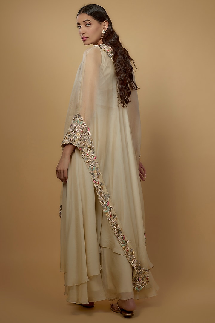 Beige Organza & Viscose Organza Embroidered Cape Set by Ojasvini at Pernia's Pop Up Shop