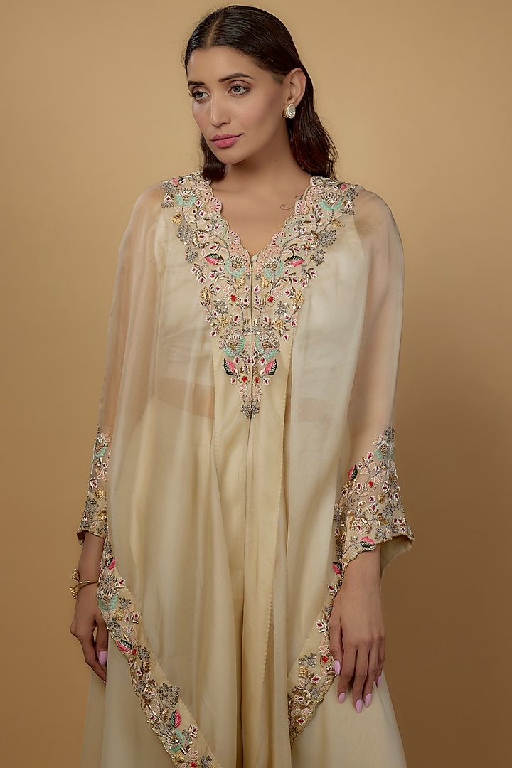 Beige Organza & Viscose Organza Embroidered Cape Set by Ojasvini at Pernia's Pop Up Shop