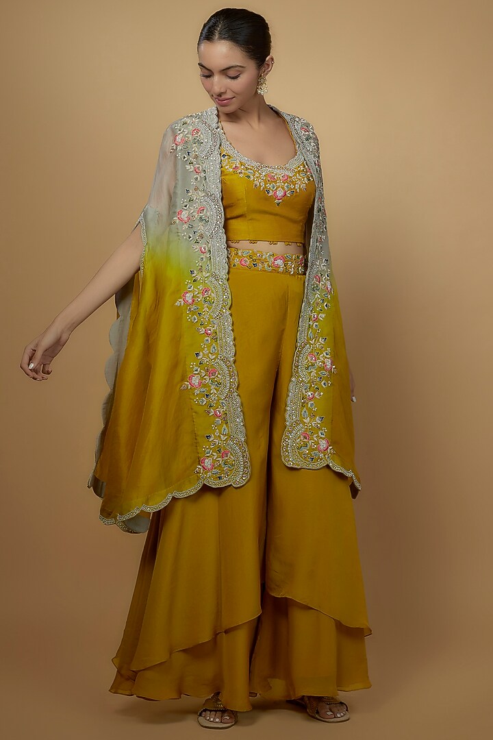 Grey & Mustard Viscose Organza Embroidered Cape Set by Ojasvini at Pernia's Pop Up Shop