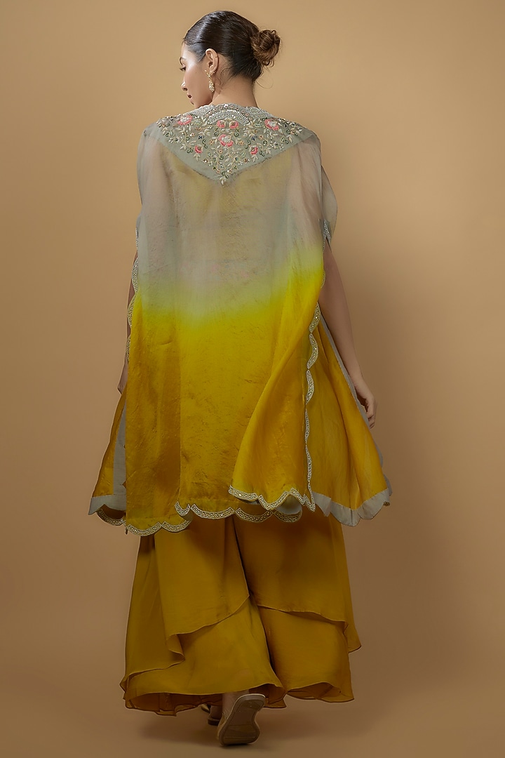 Grey & Mustard Viscose Organza Embroidered Cape Set by Ojasvini at Pernia's Pop Up Shop