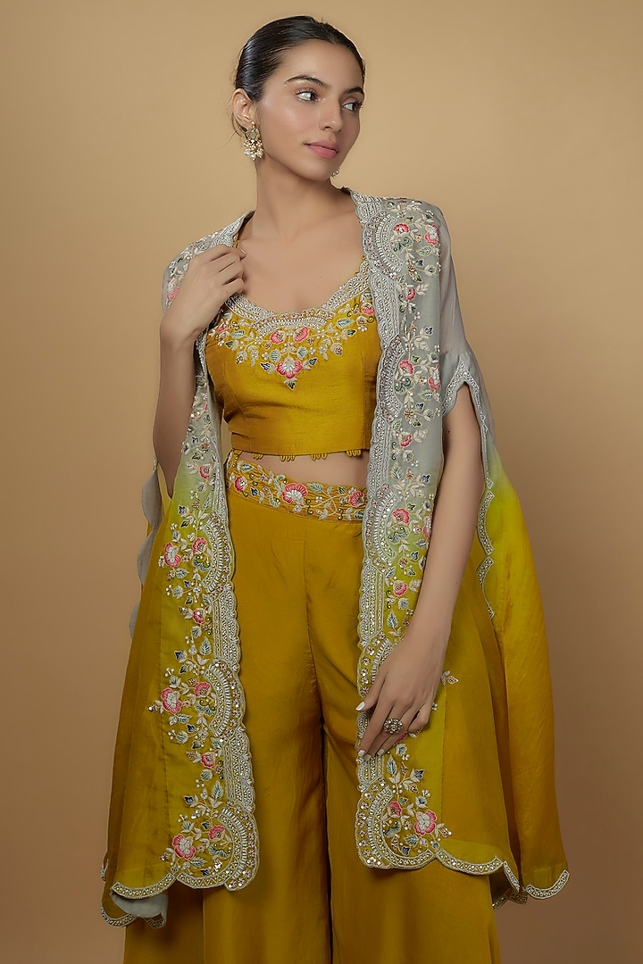 Grey & Mustard Viscose Organza Embroidered Cape Set by Ojasvini at Pernia's Pop Up Shop