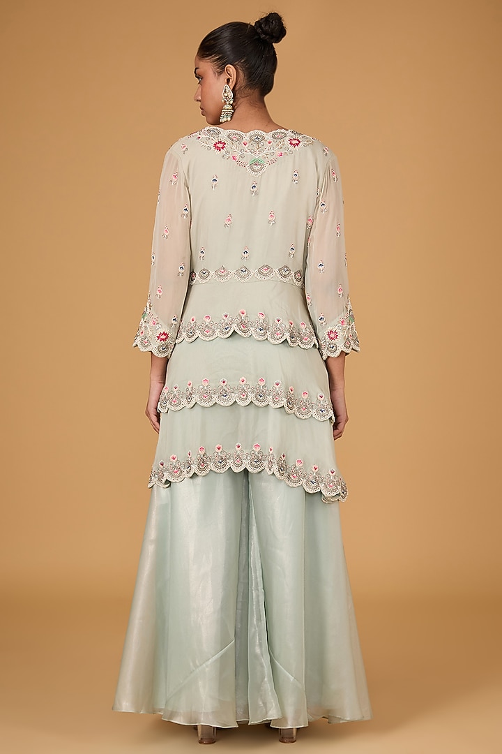 Mint Satin Organza Zardosi Hand Embroidered Jacket Set by Ojasvini at Pernia's Pop Up Shop