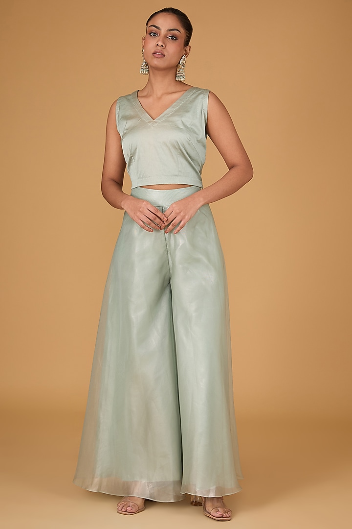 Mint Satin Organza Zardosi Hand Embroidered Jacket Set by Ojasvini at Pernia's Pop Up Shop
