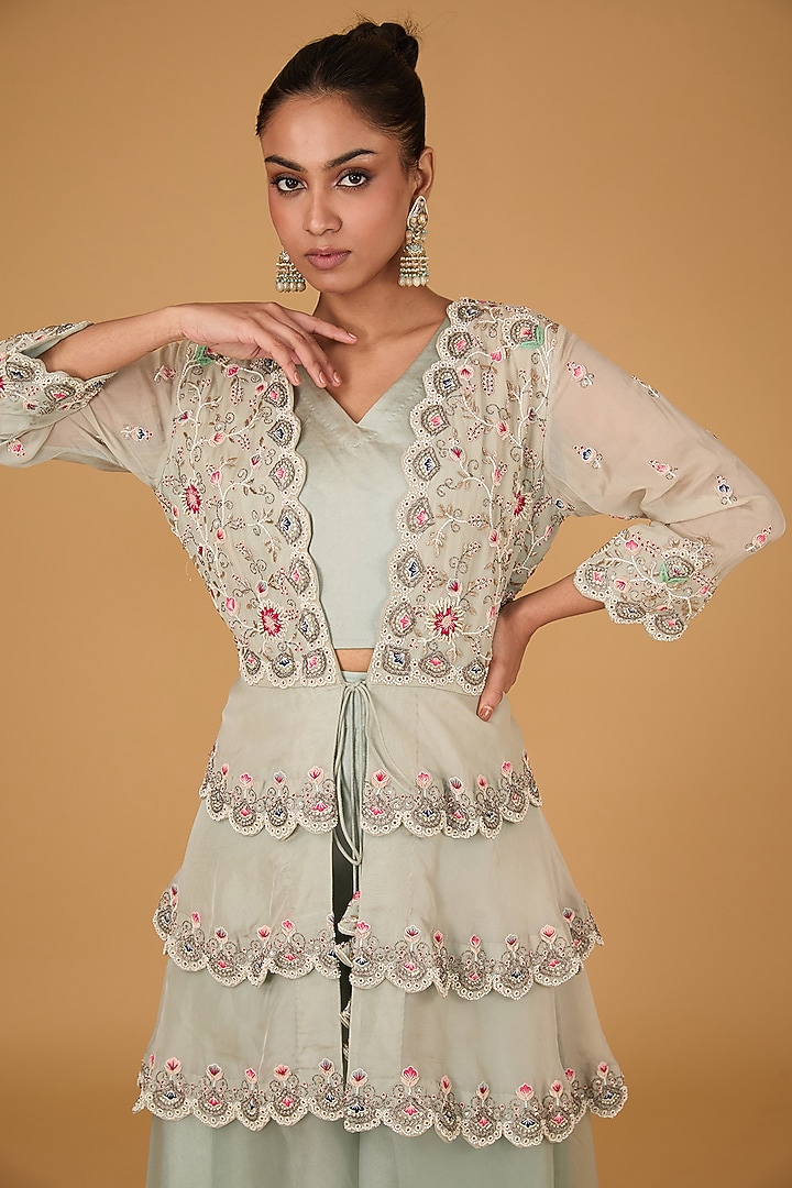 Mint Satin Organza Zardosi Hand Embroidered Jacket Set by Ojasvini at Pernia's Pop Up Shop