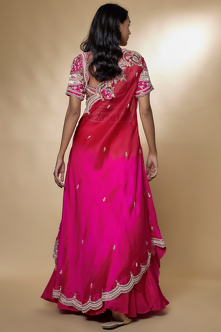 Red & Pink Pure Organza Jacket Wedding Lehenga Set by Ojasvini at Pernia's Pop Up Shop