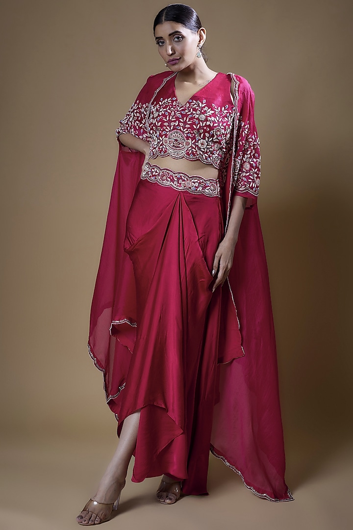 Pink Pure Organza & Heavy Satin Embroidered Cape Set by Ojasvini at Pernia's Pop Up Shop