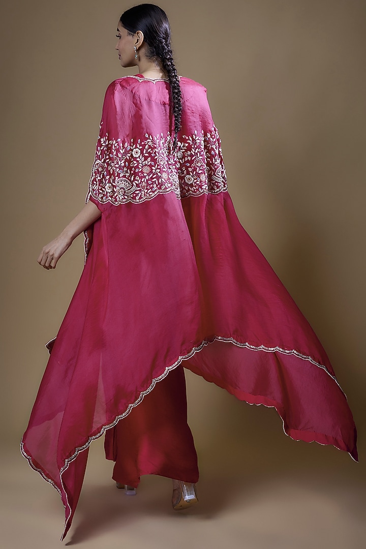 Pink Pure Organza & Heavy Satin Embroidered Cape Set by Ojasvini at Pernia's Pop Up Shop