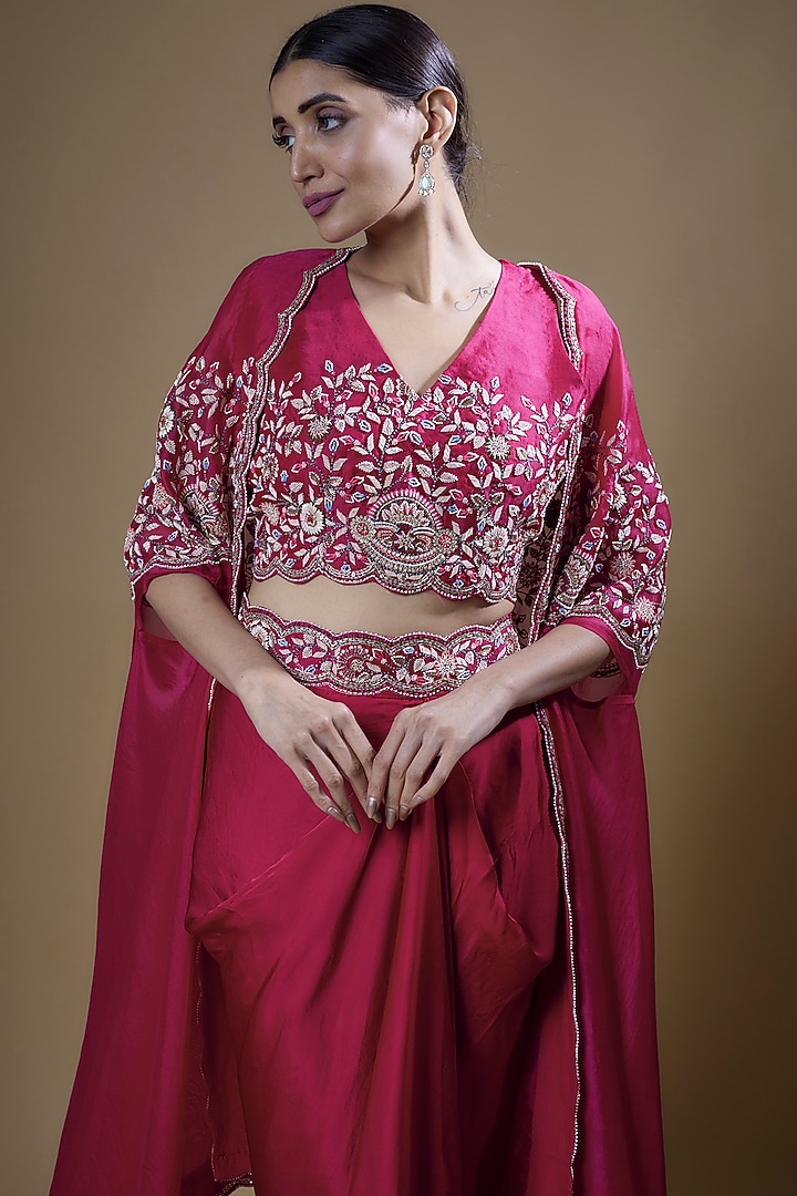 Pink Pure Organza & Heavy Satin Embroidered Cape Set by Ojasvini at Pernia's Pop Up Shop