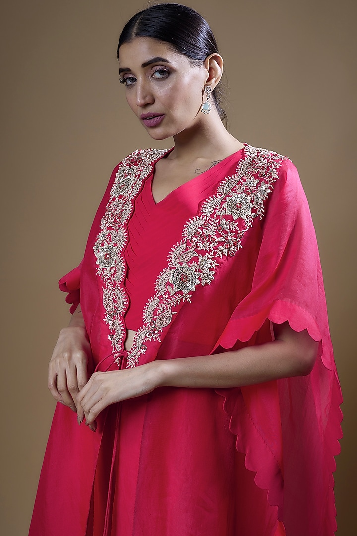Pink Organza Embroidered Cape Set by Ojasvini at Pernia's Pop Up Shop