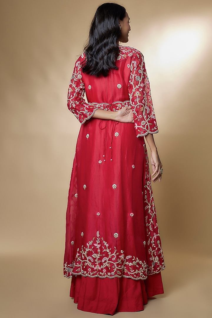 Red Pure Organza Embroidered Cape Set by Ojasvini at Pernia's Pop Up Shop